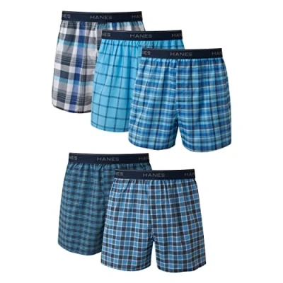 Afbeelding van Hanes, Boxershorts voor heren met FreshIQ technologie, zonder etiket, tartan patroon en zichtbaar elastiek (5 stuks) gesorteerd groot