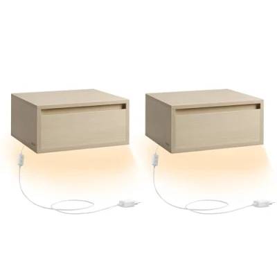 Afbeelding van VASAGLE LET854N01 Set van 2 hangende nachtkastjes, nachttafels, licht 3 kleuren, wandrek met lade, 35 x 40 18 cm, moderne stijl, voor slaapkamer, woonkamer, beige naturel