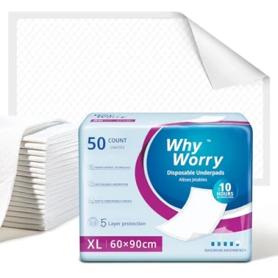 Afbeelding van WhyWorry Wegwerponderleggers, 60 x 90 cm, waterdicht, bedmatras, bescherming voor volwassenen, incontinentie en urineverlies, absorberende mat, honden dieren, geurcontrole, 50 stuks