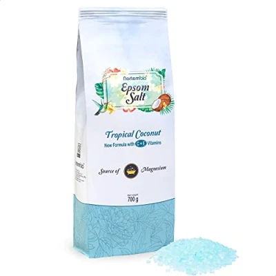 Afbeelding van Nortembio Epsomzout 700 g. Badzout met tropisch kokosnootaroma. Magnesiumsulfaat gehydrateerd vitamine C en E. Spierontspanning, aromatherapie goede nachtrust. Inclusief e book