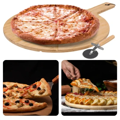 Afbeelding van Cheqo® Bamboe Pizzaplank Met Snijder Serveerplank Pizza Plank Luxe Pizzabord Serveerschaal Tapasplank Hapjes Duurzaam en Stijlvol Inclusief EBOOK