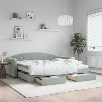 Afbeelding van vidaXL Slaapbank onderschuifbed en lades 90x190 cm fluweel lichtgrijs
