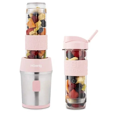 Image de H.Koenig Mini Blender Smoothie Transportable Compact 570mL SMOO12 Sans BPA Puissant 300W, Mixeur à 2 Bouteilles Portables, 4 Lames en Inox, gourdes (Rose)