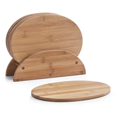 Afbeelding van 6x Ovale bamboe houten snijplanken met houder 24 cm Keukenbenodigdheden Snijplanken/broodplanken hout