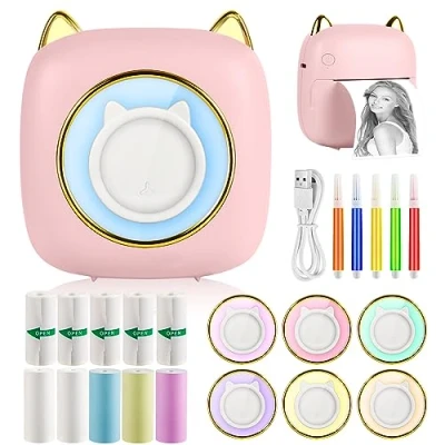 Afbeelding van GuKKK Mini printer, mobiele fotoprinter, 7 kleuren, led, draadloos, 10 rollen printpapier en 5 kleurpotloden, voor studie notities, dagboek, lijst