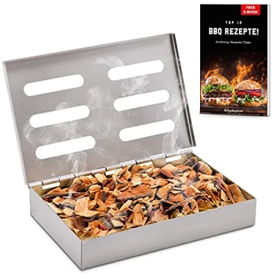 Afbeelding van Räucherphorie® Hoogwaardige roestvrijstalen rookbox + e book robuuste voor gasbarbecue, elektrische barbecue of houtskoolbarbecue