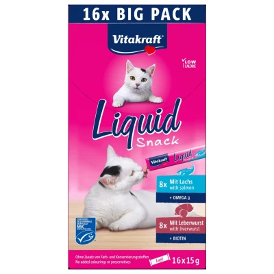 Afbeelding van Vitakraft Liquid Snack Multipack 16x15 gr Kattensnack Zalm &amp; Leverworst