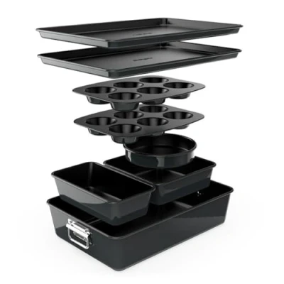 Afbeelding van NutriChef ,8 delige Stapelbare Antiaanbak Bakvormenset Premium Stalen Bakplaten set Inclusief ronde Taartvorm, Muffinvormen met 6 Cupjes, Brede/Vierkante Bakvormen Bakplaat en Braadslee