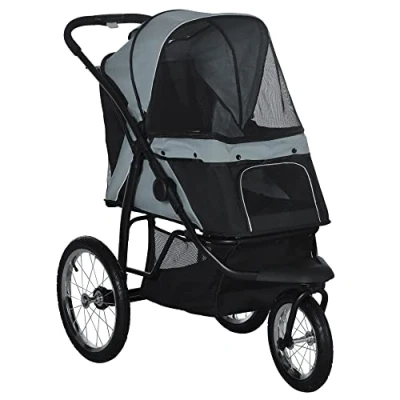 Afbeelding van PawHut Kinderwagen voor honden en katten met reflectoren, opvouwbaar, opbergmand, zonwering, netvenster, kleine middelgrote honden, grijs