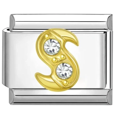 Afbeelding van Quiges Schakel Bedel 9mm charms Goud Zirkonia alfabet letter S Geschikt voor Nomination armband Schakelarmband italy bedels