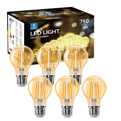 Afbeelding van Aigostar Edison LED lamp, retro, vintage, E27, 8 W, komt overeen met 57 W halogeenlamp, 750 lumen, warm wit 2200 K, decoratieve lamp A60, hoek 330º, CRI ≥ 80, 6 stuks