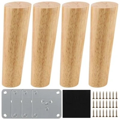 Afbeelding van Set van 4 massief houten tafelpoten, kegelvormig, 15 cm, meubelpoten, eikenhout, met montageplaten en schroeven, voor bank, bed, kast, bank