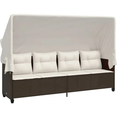 Afbeelding van Ligbed met luifel en kussens poly rattan bruin