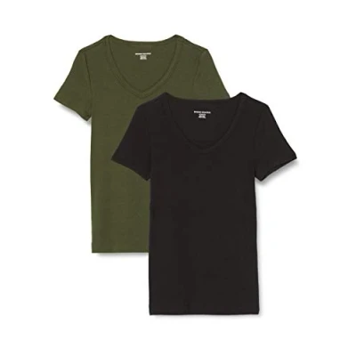 Image de Amazon Essentials T Shirt Col en v à Manches Courtes Coupe Ajustée Women&#039;s, Pack of 2, Noir/Vert Olive Foncé, XS