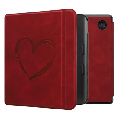 Afbeelding van kwmobile e reader hoesje geschikt voor Kobo Libra Colour hoes Ereader flip case met standaard Kunstleren cover Brushed Hart design in donkerrood