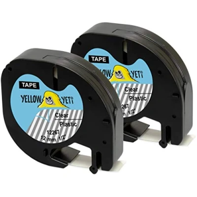 Afbeelding van Yellow Yeti 2 banden cassettes 12267 S0721530 S0721550 zwart op transparant 12 mm x 4 m kunststof etiketten compatibel voor DYMO LetraTag LT 100H 100T 110T QX50 XR XM 2000 Plus