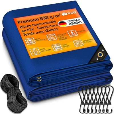 Afbeelding van tillvex® Afdekzeil met ogen + 10 haken en 15 m touw, 650 g/m² waterdicht scheurvast, pvc afdekzeil, universeel voor buiten, vrachtwagen, zwembad, tuinmeubelen