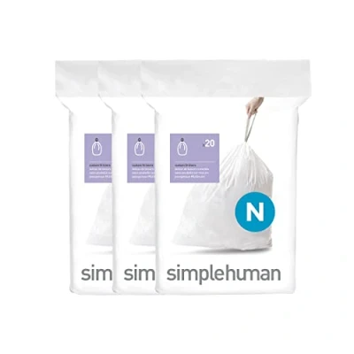 Afbeelding van simplehuman CW0262 code N, op maat gemaakte vuilniszakken, 3 x verpakking van 20 (60 zakken), kunststof wit