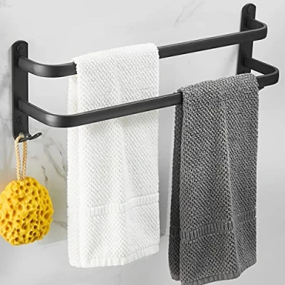 Afbeelding van Badkamer handdoekhouder, handdoekrek zwart mat handdoekstang met handdoekhouders en haakdesign, handdoekhouder muur, zonder boren (50 cm, twee stangen)