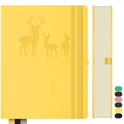 Afbeelding van Qefuna Notitieboek, B5, gelinieerd, Bullet Journal dik, 300 pagina&#039;s, notitieboek van hard leer, 100 g/m², voor vrouwen, kantoor, mannen, school, dagboek, 19 x 25,5 cm, geel
