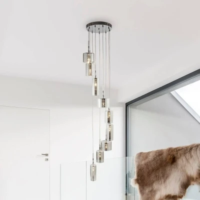Afbeelding van Linnen hanglamp, 9 lamps, chroom/rookkleurig, glas, G4