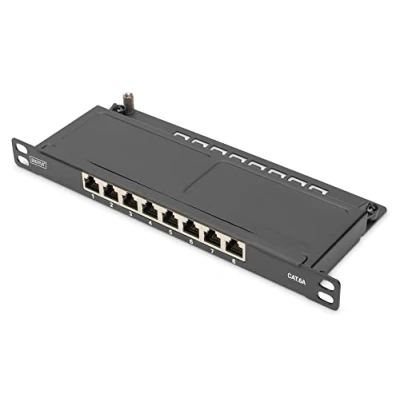 Image de DIGITUS Tableau de connexions CAT 6a, shielded montable sur mur, rack 6a RJ 45 X 8 noir, RAL 9005 0.5U 10&quot;