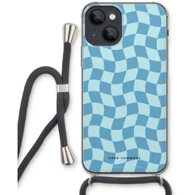 Afbeelding van Case Company® hoesje met Koord geschikt voor iPhone 13 mini Grid Blauw Telefoonhoesje Zwart Extra Bescherming aan alle Kanten en Over de Schermrand