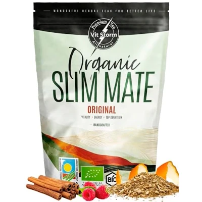 Afbeelding van SLIM TEA Yerba Mate Bio Original mat groen, niet gerookt zonder steel, 0 stof natuurlijke energiedrank detox thee brandnetel, paardenbloem, roze peper, kaneel, framboos, 100 g VITSTORM