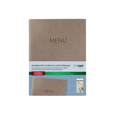 Afbeelding van SIGEL SM211 Menukaart met elastische trekkoord, 2 transparante hoezen voor 8 DIN A5 vellen, menureliëf, donkerbeige, 1 stuk