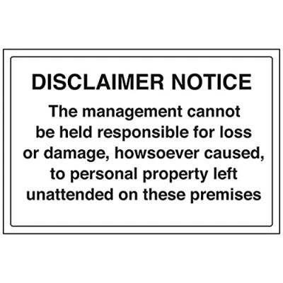 Afbeelding van VSafety Notitiebord &quot;Notice The Management can&#039;t be hold&quot;, hard plastic, 300 mm x 200 mm, 1