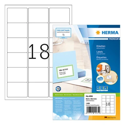 Image de Herma Premium 4265 étiquettes d&#039;adresse adhésives permanentes A4 63,5 x 46,6 mm (1800 étiquettes) blanc