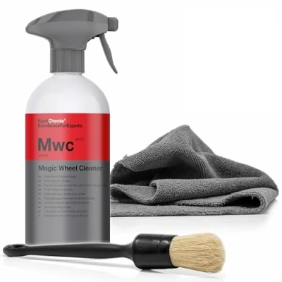 Afbeelding van detailmate Velgenreinigingsset: Koch Chemie MWC Magic Wheel Cleaner, zuurvrije velgenreiniger, 500 ml + ValetPro reinigingsborstel microvezeldoek om te polijsten (set van