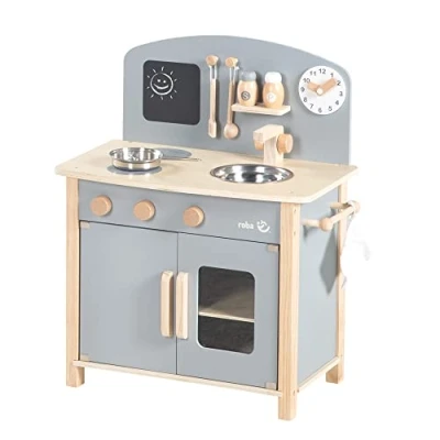 Afbeelding van roba Speelkeuken Grijs/Naturel Speelgoedkeukenblok 2 Kookplaten, Spoelbak, Kraan &amp; Accessoires
