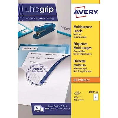Afbeelding van AVERY Pochette de 400 étiquettes UltraGrip autocollantes. Personnalisables et imprimables. Format 105 x 148mm. Impression laser, jet d&#039;encre, copieur. (3483 100)