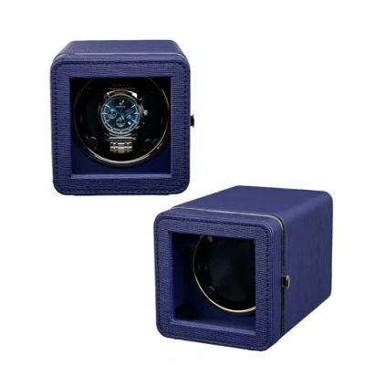 Afbeelding van Mcbazel Automatische opwinder met ledverlichting, elegante horlogedoos van PU leer, stille motor, 4 draaimodi, rechthoekige opslag, blauw, blauw