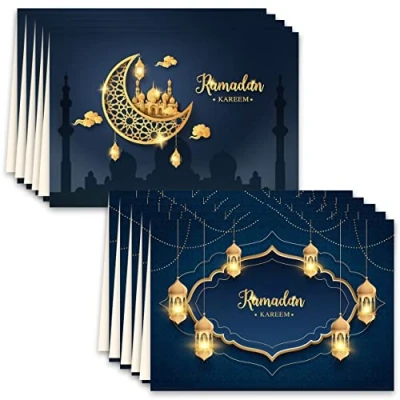 Afbeelding van Ramadan Kareem 10 stuks vouwkaarten met envelop, bedankkaarten, wenskaarten, snoepfeest, voor bedankjes, professionele stijl, blauw goud