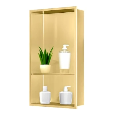 Afbeelding van sunrik Inbouwdouchenis, wandnis van roestvrij staal, nis voor planken badkamer, dubbellaagse badkamernissen 60 x 30 10 cm (40/20 cm), goud