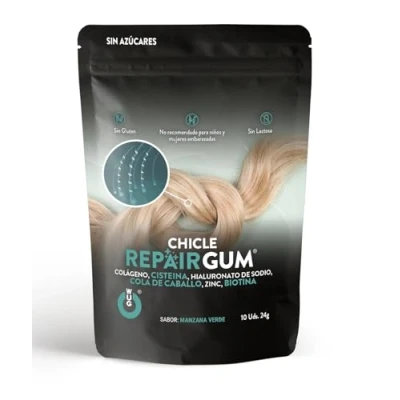 Afbeelding van WUG UM kauwgom Repair. Functionele gum voor haarverzorging. Herstelt en geeft volume vitaliteit, remt haaruitval. Smaak van groene appel. Max 3 per dag.
