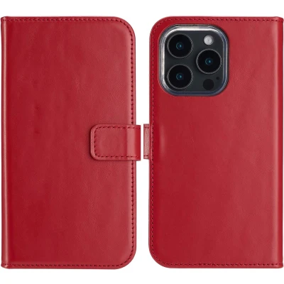 Afbeelding van Selencia Hoesje Geschikt voor iPhone 16 Pro Met Pasjeshouder Echt Lederen Bookcase Rood