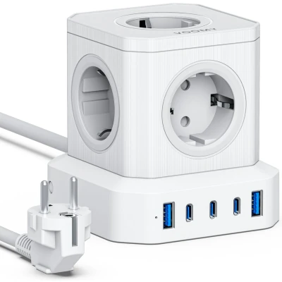 Afbeelding van Voomy Cube 65W Stekkerdoos 3 USB C &amp; 2 A Poorten 5 Stopcontacten Aan / Uit schakelaar Snellader voor Laptop, Telefoon Tablet Powercube Oplader, Adapter, Verlengsnoer Wit