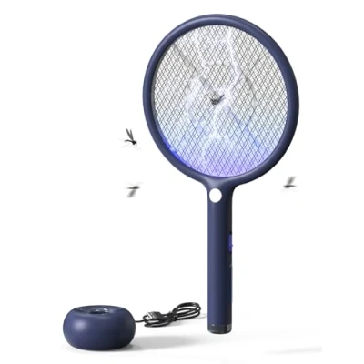 Afbeelding van AROEVE Elektrisch muggenracket, 2 in 1, 4000 V, USB oplaadstation, 1200 mAh oplaadbare batterij, automatische aantrekkingsmodus, ledlicht, 3 laagse bescherming, blauw