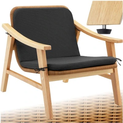 Afbeelding van tectake® Tuinstoel Houten Stoel voor Balkon of Tuin Rieten zitting Buitenfauteuil Draagvermogen tot 150kg binnen buiten Incl. kussen zwart