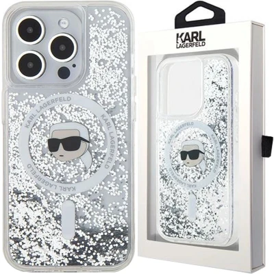 Afbeelding van Karl Lagerfeld Liquid Glitter Head MagSafe hoesje voor iPhone 15 Pro transparant