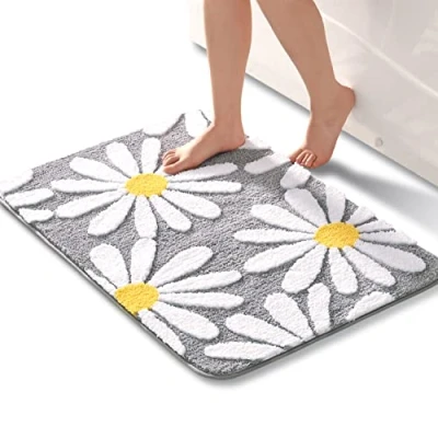 Afbeelding van Schattig madeliefje grijs badkamertapijt antislip wasbare badmat witte en gele bloem zachte microvezel douchemat absorberend badkamermat 60 x 90 cm