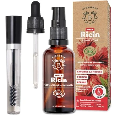 Image de Bionoble Huile de Ricin Bio 50ml + Kit Mascara, Pipette et Pompe Bouteille en Verre 100% Pure, Naturelle, Pressée à Froid pour Cheveux Cils Sourcils Castor Oil