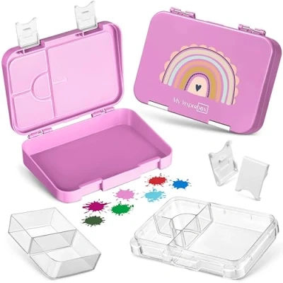 Afbeelding van My Vesperbox: lunchbox voor kinderen; met 4 + 2 compartimenten; extreem sterke broodtrommel; ideaal de kinderopvang en op school (roze, regenboog)