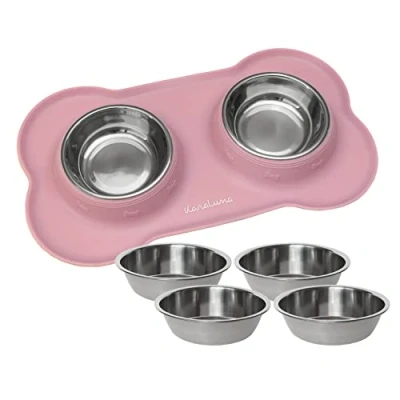 Afbeelding van KaraLuna Siliconen voedermat met roestvrijstalen bak voor katten en honden (200 ml, roze)