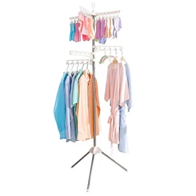 Afbeelding van BAOYOUNI Droogrek Inklapbaar Staand Kleding Wasdroogrek Draagbaar Kledingrek Statief Strijkwasrek Ruimtebesparend met 3 Armen en 24 Clips, voor Blouses, Ondergoed, Sokken, Babykleding, Ivoor