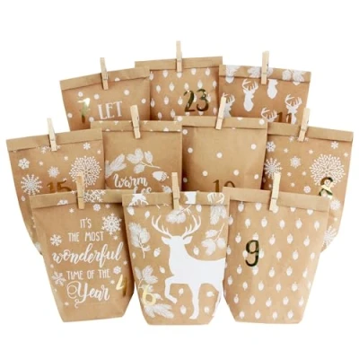Afbeelding van DIY adventskalender om te vullen 24 bedrukte cadeauzakjes en cijferstickers clips motief Gezellig Winterwit knutselen cadeau geven Kerstmis