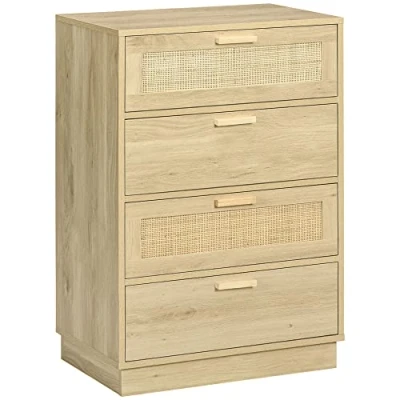 Afbeelding van HOMCOM commode met 4 laden, voor slaapkamer, opbergmeubel, boho stijl, houten frame, rotan woonkamer, entree, afmetingen: 60 x 38 88,5 cm, natuurlijk hout
